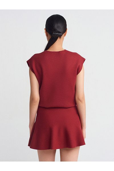 Dilvin 80120 Fusta tricotată cu volan cu talie elastică-Roșu Claret