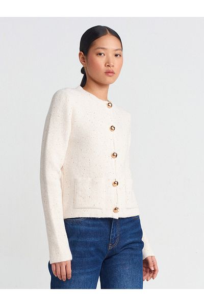 Dilvin 60935 Crew Neck Sequin Glitter Buttoned Knitwear Cardigan-Cream