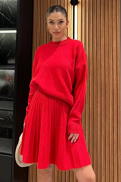 GÜLSELİ Red Style Knitwear Skirt Sweater Double Set