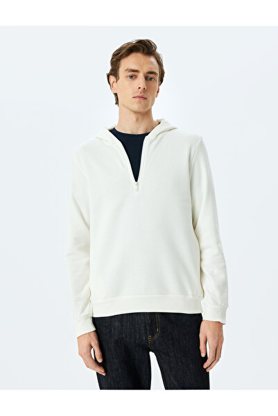 Koton Hooded Cotton Blended Raster Basic Half Zipper Sweatshirt