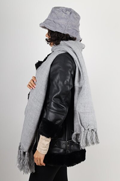 MinaCarin Kadın Gri Kürklü Peluş Şapka ve Atkı Kombini