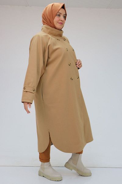 Eslina 43073 Large Size Turtleneck Cashew Coat - Tan