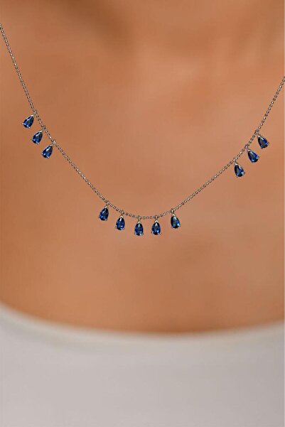 Roza Silver Safir Taşlı Rodyum Üç Sıra Shakira Damla Gümüş Kolye