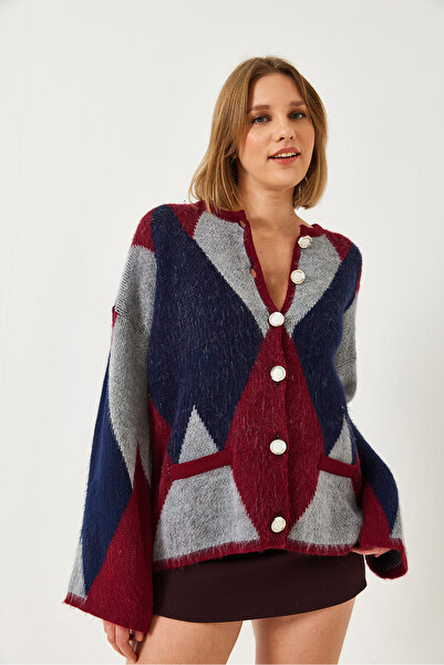 Bianco Lucci Women's Diamond Patterned Oversize Knitwear Cardigan 4021 60261248