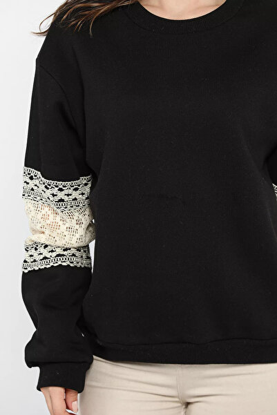 GÜLSELİ Black Women's Crew Neck Sleeve Detail Raised Sweatshirt