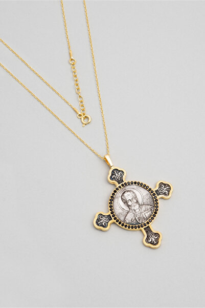 So CHIC... Siyah Taşlı 18 Ayar Sarı Altın Kaplama 43 Cm Gümüş Cross Kolye