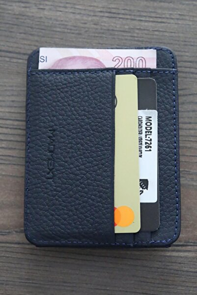 Madmext Navy Blue Genuine Leather Men's Card Holder with Snap Closure 7261