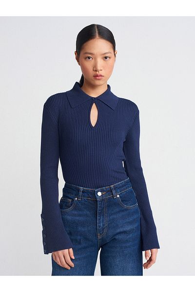 Dilvin 10637 Polo Neck Buttoned Ribbed Knitwear Sweater-Navy Blue