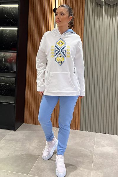 GÜLSELİ Λευκό και μπλε γυναικείο σετ αθλητικής φόρμας με κουκούλα με λεπτομέρεια κεντήματος