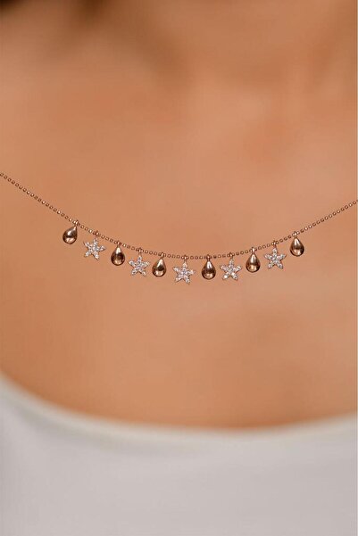 Roza Silver Zirkon Taşlı Rose Shakira Mix Yıldız Motifli Gümüş Kolye