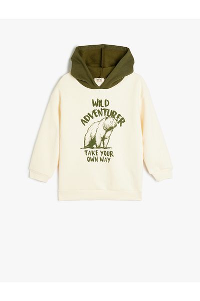 Koton Hooded Bear Printed Long Sleeve Cotton Raised Sweatshirt
