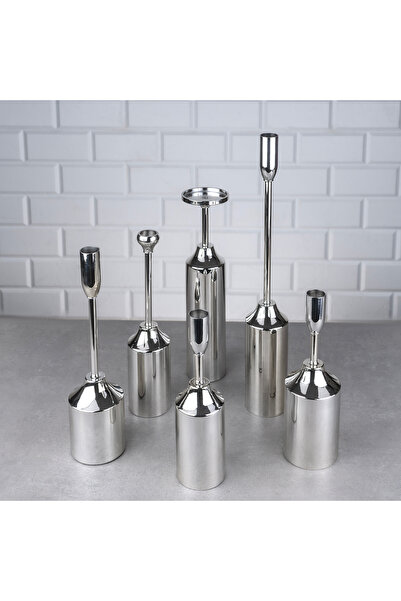 ZETT 6'LI Mum Şamdan Seti Mumluk Gümüş