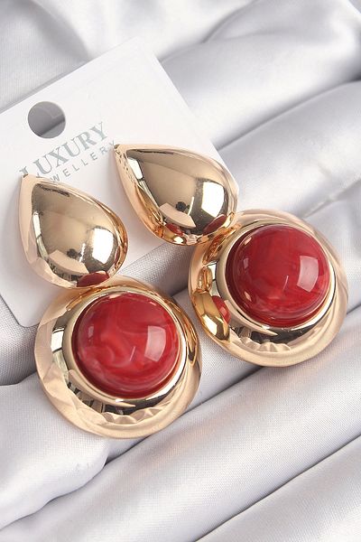 Skygo Drop Model Red Natural Stone Vintage Women's Earrings - Brass Gold Color Tj-Bkp9829