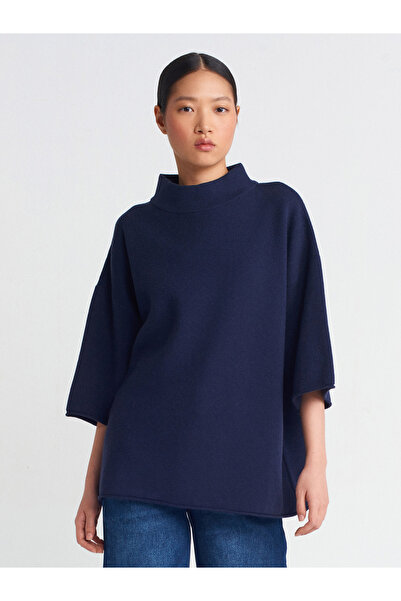 Dilvin 10665 Pulover de tricotaj supradimensionat cu guler vertical-albastru ...