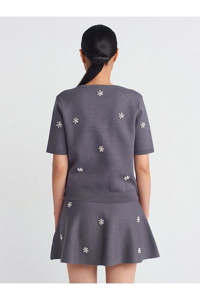 Dilvin 10683 Smoked Crew Neck and Stone Pearl Detail Knitwear Sweater