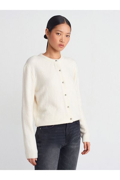 Dilvin 60936 Ecru Crew Neck Bead Knitwear Cardigan