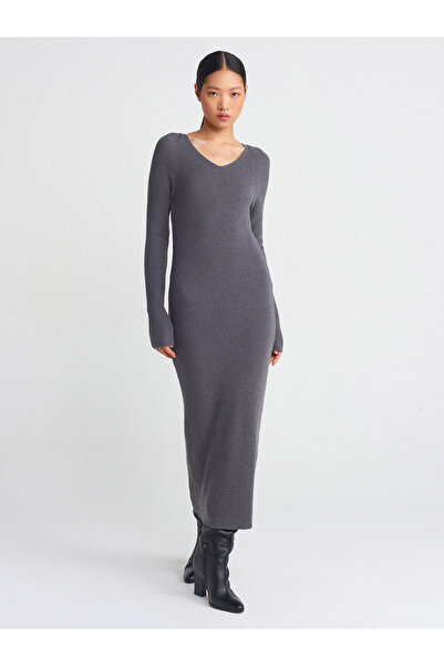 Dilvin 90242 Smoked V-Neck Soft Knitwear Ribbed Dress
