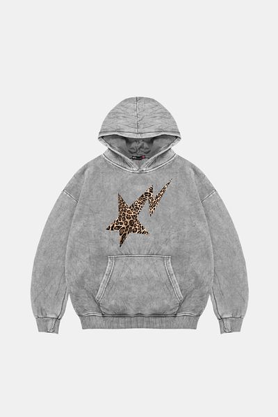 Sekizbiraltı Leopard Falling Star Printed Oversize Unisex Premium Λευκό Hoodie που πλένεται