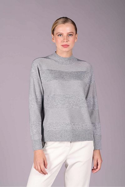 Sempre Gray Striped Glitter Knitwear Wool Sweater - Half Turtleneck 2528