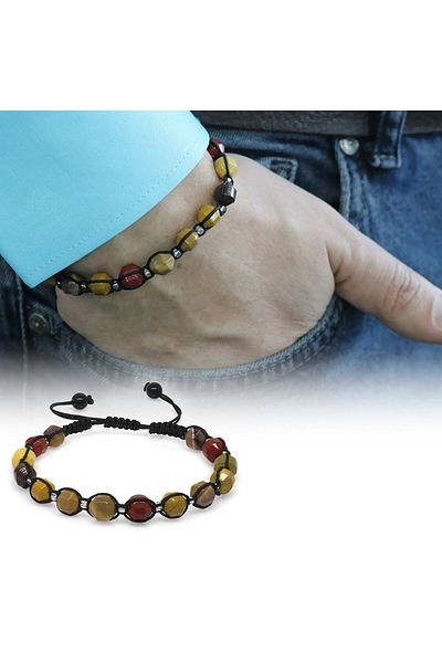 Tesbihane Macrame Braided Facet Cut Mokait Natural Stone Men's Bracelet