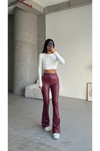 mydukkan.co Double Button Leather Flared Leg Trousers Claret Red