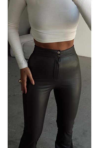 mydukkan.co Çift Düğme Deri Ispanyol Paça Pantolon Haki Yeşil