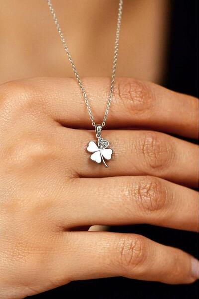 Roza Silver Zirkon Taşlı Rodyum Dört Yapraklı Yonca Gümüş Kolye