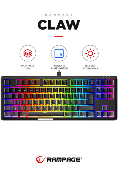 Rampage Claw Blue Switch Rgb Q Mekanik Klavye Gaming Klavye Oyuncu Klavyesi TKL Klavye Antighosting