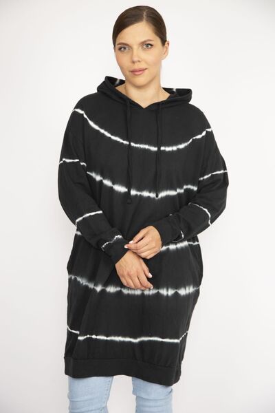 Şans Women's Large Size Black Tie-Dye Patterned Hooded Long Sweatshirt 65n36724