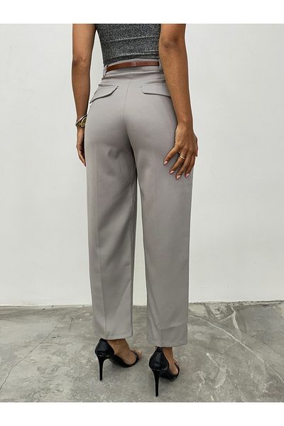 Modamorfo Gray Thin Belt Pocket Stitching Long Trousers