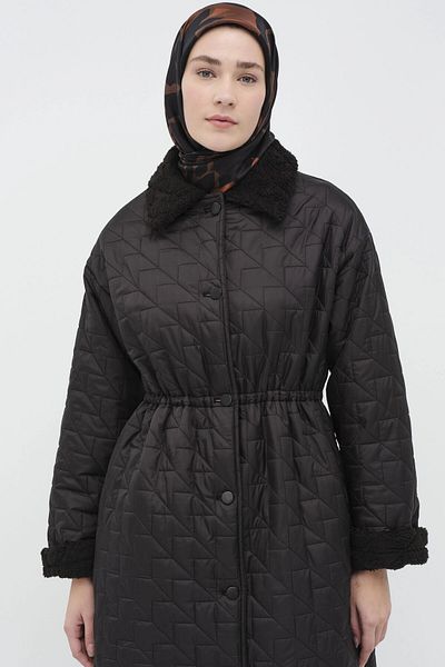 Tuğba Plush Detailed Quilted Coat - Black