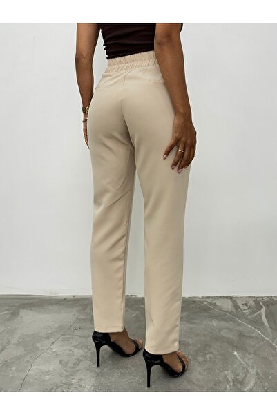 Modamorfo Beige Trousers with Metal Detail and Pockets - Elastic Waist