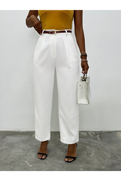 Modamorfo Slim Belted Pocketed Trousers with Stitched Legs - White