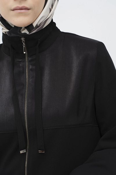 Tuğba Black Garnished Zipper Closure Ferace