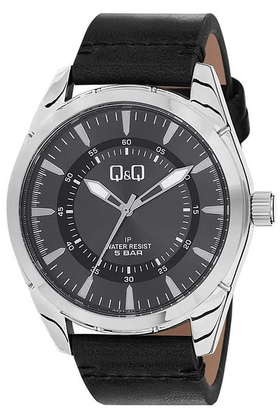 Q&Q Silver Black Leather Band Men's Wrist Watch