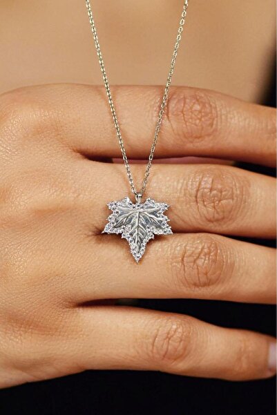 Roza Silver Zirkon Taşlı Rodyum Çınar Yaprağı Gümüş Kolye