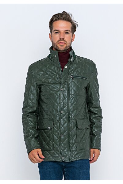 Basics&More Men's Green Quilted Leather Coat-E1630