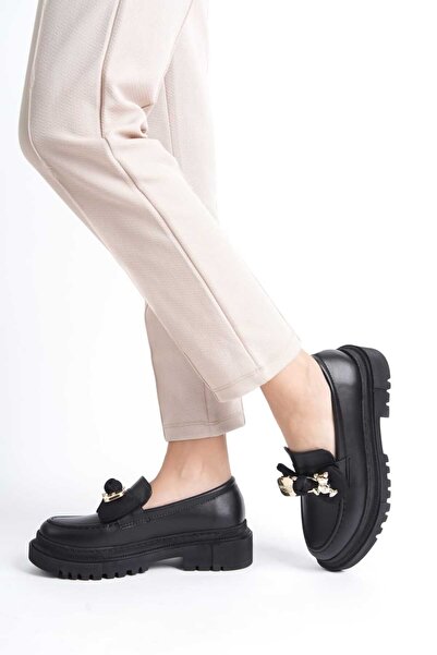 Zaza moda Siyah Cilt Ayııcık Toka Detaylı Loafer Kadın Ayakkabı