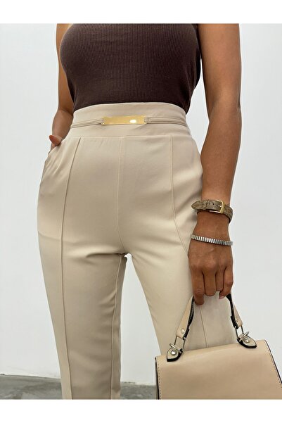 Modamorfo Beige Trousers with Metal Detail and Pockets - Elastic Waist
