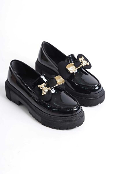 Zaza moda siyah rugan ayııcık toka detaylı loafer kadın ayakkabı