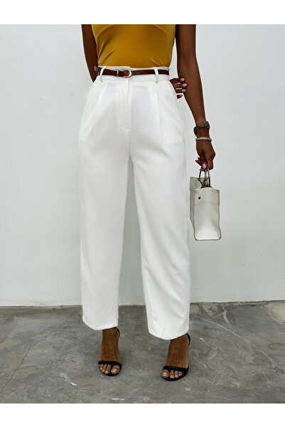 Modamorfo Slim Belted Pocketed Trousers with Stitched Legs - White