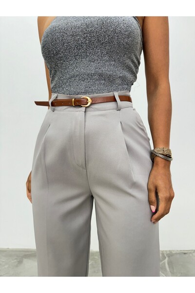 Modamorfo Gray Thin Belt Pocket Stitching Long Trousers