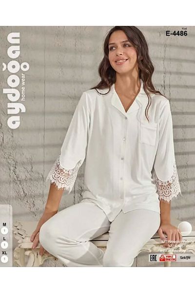 Aydoğan Lace Detailed Pjama Suit with Button Front