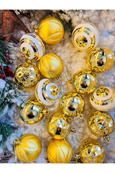Derin Düşler Yılbaşı Çam Ağaç Süsü Top Süs Gold Beyaz 6 cm 16 Adet Karma Yılb...