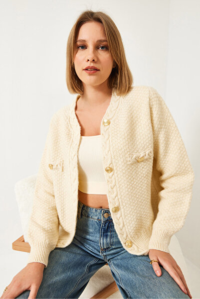 Bianco Lucci Women's Braided Buttoned Knitwear Cardigan