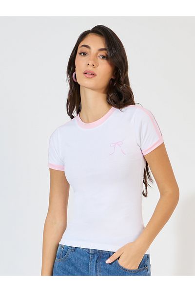 Styli Cotton Stretch Bow Graphic Print Fitted T-Shirt