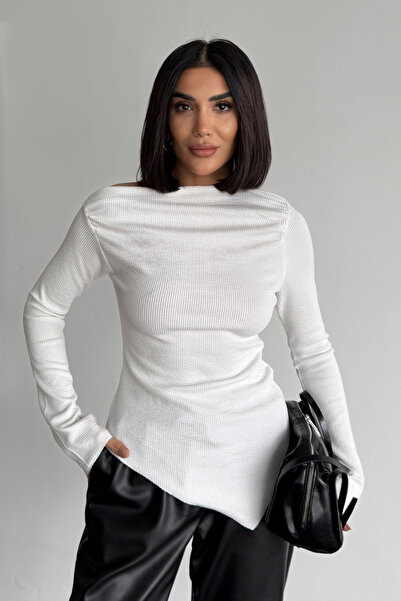 Bipantolon Γυναικεία Λευκή Ντραπέ Βάρκα Λαιμόκοψη Ασύμμετρη Πλεκτή Μπλούζα Lycra