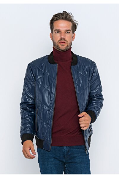 Basics&More Men's Navy Blue Bomber Leather Coat-E3001