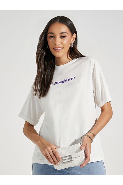 Styli Oversized Bonjour Print Turn-Up Sleeves T-Shirt