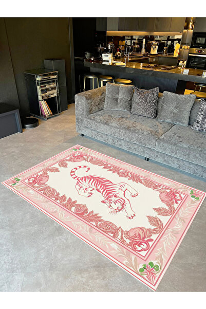 Rugs Modern Halı Rio Koleksiyonu Pembe Çerçeve ve Kaplan Desenli Dokuma Taban...